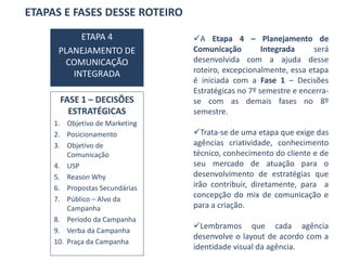 ETAPA 4
PLANEJAMENTO DE
COMUNICAÇÃO
INTEGRADA
FASE 1 – DECISÕES
ESTRATÉGICAS
1. Objetivo de Marketing
2. Posicionamento
3. Objetivo de
Comunicação
4. USP
5. Reason Why
6. Propostas Secundárias
7. Público – Alvo da
Campanha
8. Período da Campanha
9. Verba da Campanha
10. Praça da Campanha
ETAPAS E FASES DESSE ROTEIRO
A Etapa 4 – Planejamento de
Comunicação Integrada será
desenvolvida com a ajuda desse
roteiro, excepcionalmente, essa etapa
é iniciada com a Fase 1 – Decisões
Estratégicas no 7º semestre e encerra-
se com as demais fases no 8º
semestre.
Trata-se de uma etapa que exige das
agências criatividade, conhecimento
técnico, conhecimento do cliente e de
seu mercado de atuação para o
desenvolvimento de estratégias que
irão contribuir, diretamente, para a
concepção do mix de comunicação e
para a criação.
Lembramos que cada agência
desenvolve o layout de acordo com a
identidade visual da agência.
 