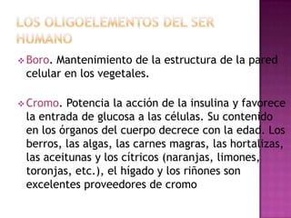  Boro.

Mantenimiento de la estructura de la pared
celular en los vegetales.

 Cromo.

Potencia la acción de la insulina y favorece
la entrada de glucosa a las células. Su contenido
en los órganos del cuerpo decrece con la edad. Los
berros, las algas, las carnes magras, las hortalizas,
las aceitunas y los cítricos (naranjas, limones,
toronjas, etc.), el hígado y los riñones son
excelentes proveedores de cromo

 