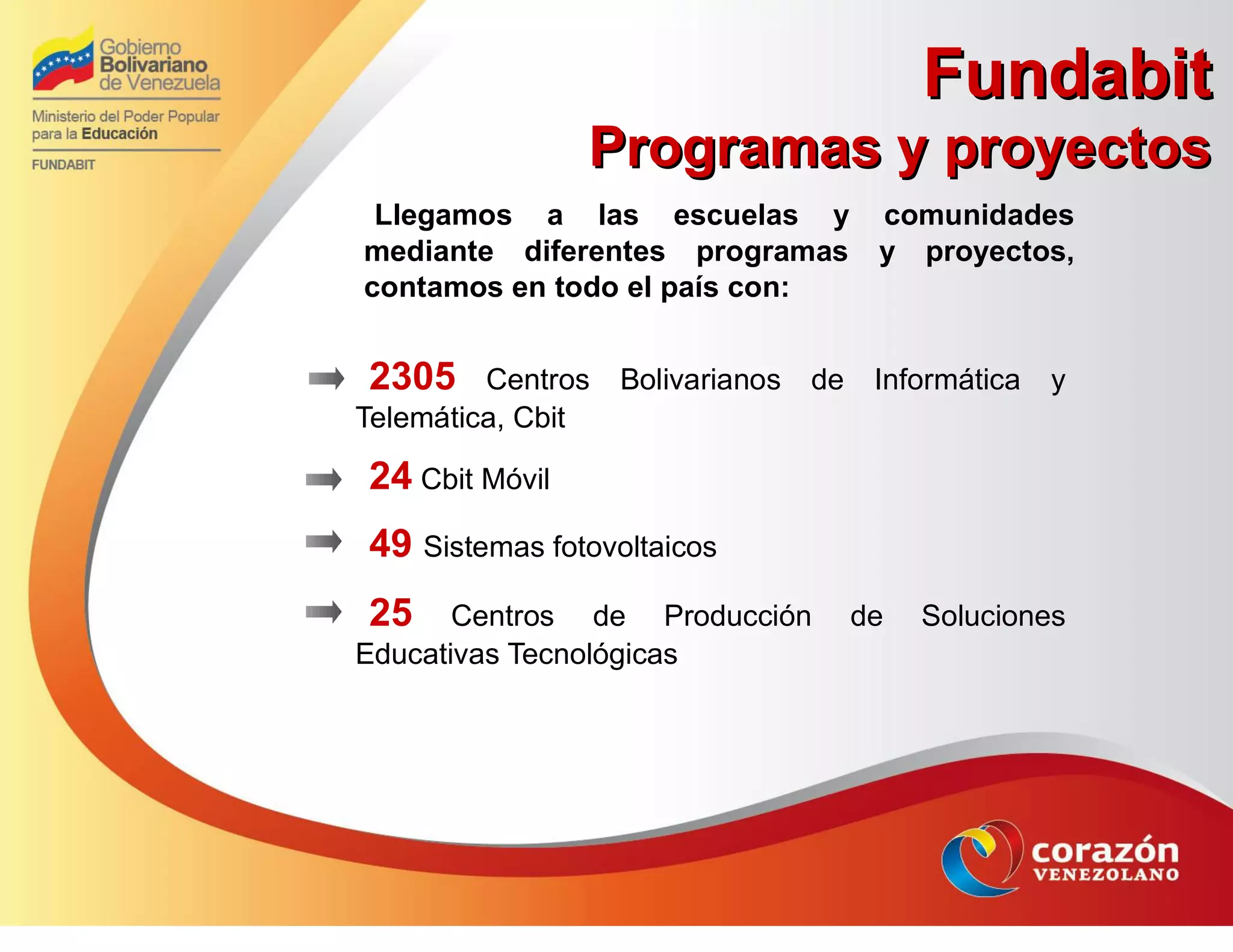 FundabitFundabit
Programas y proyectosProgramas y proyectos
Llegamos a las escuelas y comunidades
mediante diferentes programas y proyectos,
contamos en todo el país con:
25 Centros de Producción de Soluciones
Educativas Tecnológicas
2305 Centros Bolivarianos de Informática y
Telemática, Cbit
24 Cbit Móvil
49 Sistemas fotovoltaicos
 