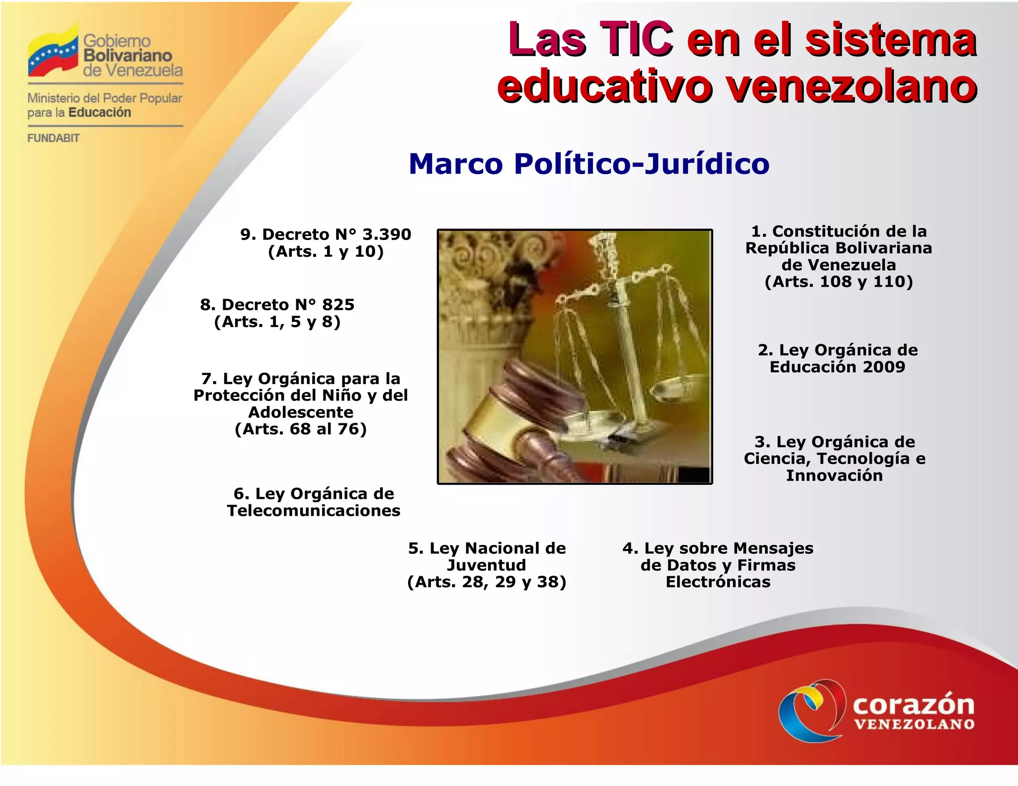 Las TICLas TIC en el sistemaen el sistema
educativo venezolanoeducativo venezolano
Marco Político-Jurídico
6. Ley Orgánica de
Telecomunicaciones
8. Decreto N° 825
(Arts. 1, 5 y 8)
9. Decreto N° 3.390
(Arts. 1 y 10)
2. Ley Orgánica de
Educación 2009
3. Ley Orgánica de
Ciencia, Tecnología e
Innovación
7. Ley Orgánica para la
Protección del Niño y del
Adolescente
(Arts. 68 al 76)
1. Constitución de la
República Bolivariana
de Venezuela
(Arts. 108 y 110)
5. Ley Nacional de
Juventud
(Arts. 28, 29 y 38)
4. Ley sobre Mensajes
de Datos y Firmas
Electrónicas
 