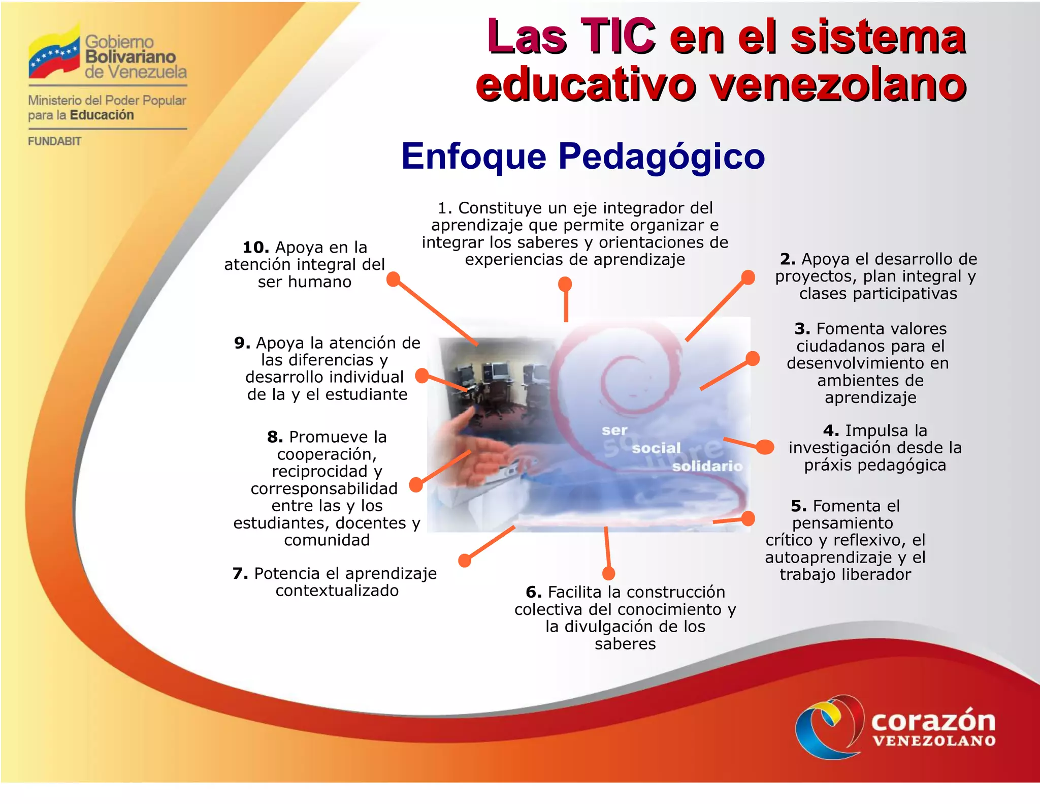 Las TICLas TIC en el sistemaen el sistema
educativo venezolanoeducativo venezolano
Enfoque Pedagógico
1. Constituye un eje integrador del
aprendizaje que permite organizar e
integrar los saberes y orientaciones de
experiencias de aprendizaje
5. Fomenta el
pensamiento
crítico y reflexivo, el
autoaprendizaje y el
trabajo liberador
8. Promueve la
cooperación,
reciprocidad y
corresponsabilidad
entre las y los
estudiantes, docentes y
comunidad
10. Apoya en la
atención integral del
ser humano
6. Facilita la construcción
colectiva del conocimiento y
la divulgación de los
saberes
9. Apoya la atención de
las diferencias y
desarrollo individual
de la y el estudiante
7. Potencia el aprendizaje
contextualizado
2. Apoya el desarrollo de
proyectos, plan integral y
clases participativas
3. Fomenta valores
ciudadanos para el
desenvolvimiento en
ambientes de
aprendizaje
4. Impulsa la
investigación desde la
práxis pedagógica
 