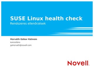 SUSE Linux health check
Rendszeres ellenőrzések
Horváth Gábor Kálmán
konzultáns
gahorvath@novell.com
 