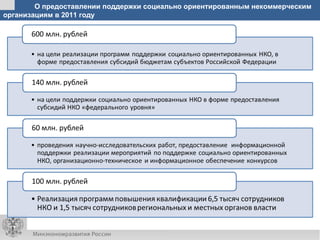 О предоставлении поддержки социально ориентированным некоммерческим
организациям в 2011 году
 
