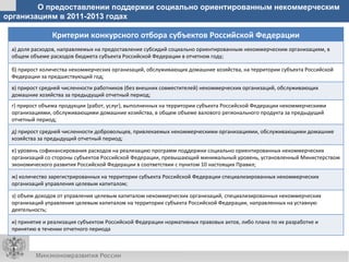 О предоставлении поддержки социально ориентированным некоммерческим
организациям в 2011-2013 годах

               Критерии конкурсного отбора субъектов Российской Федерации
 а) доля расходов, направляемых на предоставление субсидий социально ориентированным некоммерческим организациям, в
 общем объеме расходов бюджета субъекта Российской Федерации в отчетном году;

 б) прирост количества некоммерческих организаций, обслуживающих домашние хозяйства, на территории субъекта Российской
 Федерации за предшествующий год;
 в) прирост средней численности работников (без внешних совместителей) некоммерческих организаций, обслуживающих
 домашние хозяйства за предыдущий отчетный период;
 г) прирост объема продукции (работ, услуг), выполненных на территории субъекта Российской Федерации некоммерческими
 организациями, обслуживающими домашние хозяйства, в общем объеме валового регионального продукта за предыдущий
 отчетный период;

 д) прирост средней численности добровольцев, привлекаемых некоммерческими организациями, обслуживающими домашние
 хозяйства за предыдущий отчетный период;

 е) уровень софинансирования расходов на реализацию программ поддержки социально ориентированных некоммерческих
 организаций со стороны субъектов Российской Федерации, превышающий минимальный уровень, установленный Министерством
 экономического развития Российской Федерации в соответствии с пунктом 10 настоящих Правил;

 ж) количество зарегистрированных на территории субъекта Российской Федерации специализированных некоммерческих
 организаций управления целевым капиталом;

 з) объем доходов от управления целевым капиталом некоммерческих организаций, специализированных некоммерческих
 организаций управления целевым капиталом на территории субъекта Российской Федерации, направленных на уставную
 деятельность;

 и) принятие и реализация субъектом Российской Федерации нормативных правовых актов, либо плана по их разработке и
 принятию в течении отчетного периода
 