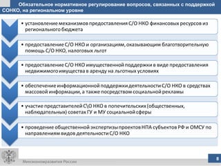 Обязательное нормативное регулирование вопросов, связанных с поддержкой
СОНКО, на региональном уровне




                                                                        8      8
 