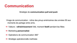Virage de communication : icône des pinup américaines des années 50 aux
moments de partage entre amis.
➔ Valeurs : rafraîchissement l’été, moment festif pendant les fêtes
➔ Marketing personnalisé
➔ Opérations de communication 360°
➔ Stratégie opérationnelle maîtrisée
Communication
Stratégie de communication pull and push
 