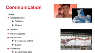 Offline
➔ Spot publicitaire
◆ Télévision
◆ Cinéma
➔ Affiches
➔ Relations presse
➔ Partenariats
◆ Évènements sportifs
◆ Égérie
➔ Opérations
◆ Le train Coca-Cola
Communication
 