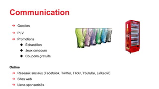 Communication
➔ Goodies
➔ PLV
➔ Promotions
◆ Échantillon
◆ Jeux concours
◆ Coupons gratuits
Online
➔ Réseaux sociaux (Facebook, Twitter, Flickr, Youtube, Linkedin)
➔ Sites web
➔ Liens sponsorisés
 