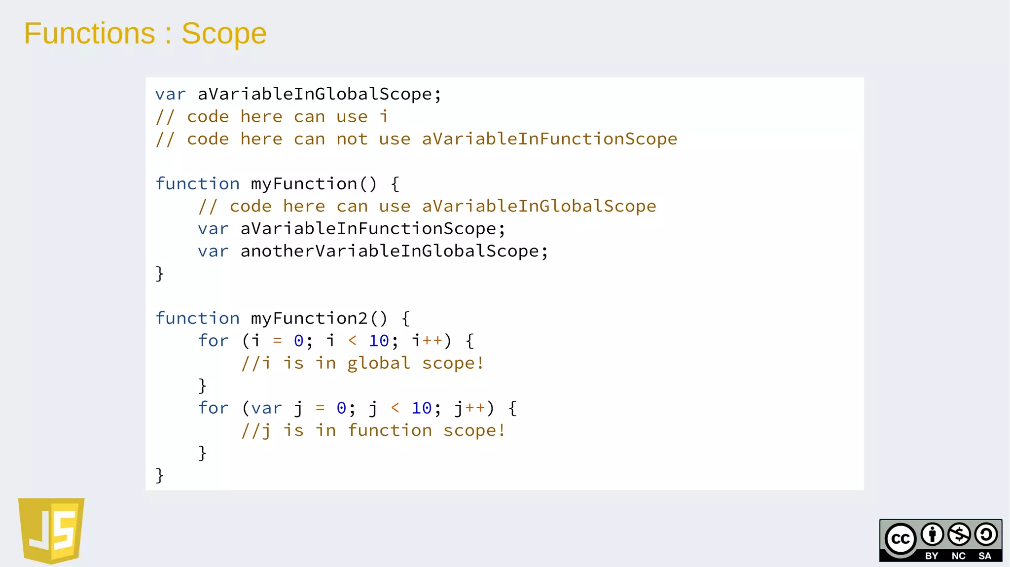 Functions : Scope
var aVariableInGlobalScope;
// code here can use i
// code here can not use aVariableInFunctionScope
function myFunction() {
// code here can use aVariableInGlobalScope
var aVariableInFunctionScope;
var anotherVariableInGlobalScope;
}
function myFunction2() {
for (i = 0; i < 10; i++) {
//i is in global scope!
}
for (var j = 0; j < 10; j++) {
//j is in function scope!
}
}
 