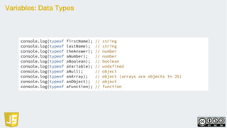 Variables: Data Types
console.log(typeof firstName); // string
console.log(typeof lastName); // string
console.log(typeof theAnswer); // number
console.log(typeof aNumber); // number
console.log(typeof aBoolean); // boolean
console.log(typeof aVariable); // undefined
console.log(typeof aNull); // object
console.log(typeof anArray); // object (arrays are objects in JS)
console.log(typeof anObject); // object
console.log(typeof aFunction); // function
 