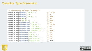 Variables: Type Conversion
// Converting Strings to Numbers
console.log(Number('13.37')); // 13.37
console.log(Number('')); // 0
console.log(Number('13 37')); // NaN
console.log(+'42'); // 42
console.log(+'13 37'); // NaN
console.log(parseFloat('42')); // 42
console.log(parseFloat('13.37')); // 13.37
console.log(parseFloat('42 1337')); // 42
console.log(parseFloat('42 answers')); // 42
console.log(parseFloat('answer 42')); // NaN
console.log(parseInt('42')); // 42
console.log(parseInt('13.37')); // 13
console.log(parseInt('42 1337')); // 42
console.log(parseInt('42 answers')); // 42
console.log(parseInt('answer 42')); // NaN
 