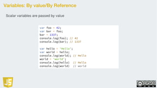 Variables: By value/By Reference
var foo = 42;
var bar = foo;
bar = 1337;
console.log(foo); // 42
console.log(bar); // 1337
var hello = 'Hello';
var world = hello;
console.log(world); // Hello
world = 'world';
console.log(hello) // Hello
console.log(world) // world
Scalar variables are passed by value
 