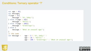 Conditions: Ternary operator ‘?’
var age = 42;
var message;
if(age < 3){
message = 'Hi, baby!';
} else if(age < 18){
message = 'Hello!';
} else if(age < 100){
message = 'Greetings!';
} else {
message = 'What an unusual age!';
}
// the same
var message = age < 3 ? 'Hi, baby!' :
age < 18 ? 'Hello!' :
age < 100 ? 'Greetings!' : 'What an unusual age!';
 