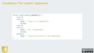 Conditions: The ‘switch’ statement
switch (new Date().getDay()) {
case 4:
case 5:
text = "Soon it is Weekend";
break;
case 0:
case 6:
text = "It is Weekend";
break;
default:
text = "Looking forward to the Weekend";
}
 