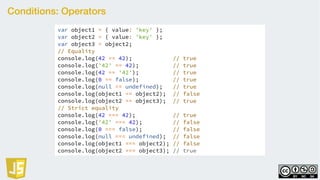 Conditions: Operators
var object1 = { value: 'key' };
var object2 = { value: 'key' };
var object3 = object2;
// Equality
console.log(42 == 42); // true
console.log('42' == 42); // true
console.log(42 == '42'); // true
console.log(0 == false); // true
console.log(null == undefined); // true
console.log(object1 == object2); // false
console.log(object2 == object3); // true
// Strict equality
console.log(42 === 42); // true
console.log('42' === 42); // false
console.log(0 === false); // false
console.log(null === undefined); // false
console.log(object1 === object2); // false
console.log(object2 === object3); // true
 