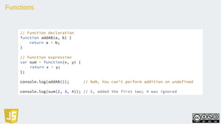 Functions
// Function declaration
function addAB(a, b) {
return a * b;
}
// Function expression
var sum = function(x, y) {
return x + y;
};
console.log(addAB()); // NaN, You can't perform addition on undefined
console.log(sum(2, 3, 4)); // 5, added the first two; 4 was ignored
 