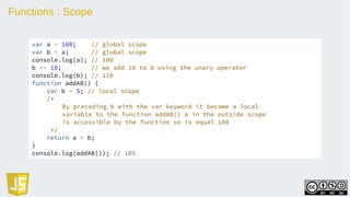 Functions : Scope
var a = 100; // global scope
var b = a; // global scope
console.log(a); // 100
b += 10; // we add 10 to b using the unary operator
console.log(b); // 110
function addAB() {
var b = 5; // local scope
/*
By preceding b with the var keyword it became a local
variable to the function addAB() a in the outside scope
is accessible by the function so is equal 100
*/
return a + b;
}
console.log(addAB()); // 105
 