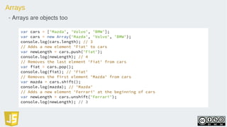 Arrays
- Arrays are objects too
var cars = ['Mazda', 'Volvo', 'BMW'];
var cars = new Array('Mazda', 'Volvo', 'BMW');
console.log(cars.length); // 3
// Adds a new element 'Fiat' to cars
var newLength = cars.push('Fiat');
console.log(newLength); // 4
// Removes the last element 'Fiat' from cars
var fiat = cars.pop();
console.log(fiat); // 'Fiat'
// Removes the first element 'Mazda' from cars
var mazda = cars.shift();
console.log(mazda); // 'Mazda'
// Adds a new element 'Ferrari' at the beginning of cars
var newLength = cars.unshift('Ferrari');
console.log(newLength); // 3
 