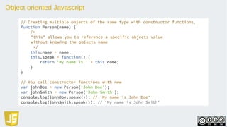 Object oriented Javascript
// Creating multiple objects of the same type with constructor functions.
function Person(name) {
/*
"this" allows you to reference a specific objects value
without knowing the objects name
*/
this.name = name;
this.speak = function() {
return 'My name is ' + this.name;
}
}
// You call constructor functions with new
var johnDoe = new Person('John Doe');
var johnSmith = new Person('John Smith');
console.log(johnDoe.speak()); // 'My name is John Doe'
console.log(johnSmith.speak()); // 'My name is John Smith'
 