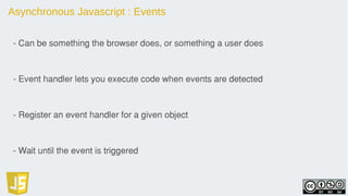Asynchronous Javascript : Events
- Can be something the browser does, or something a user does
- Event handler lets you execute code when events are detected
- Register an event handler for a given object
- Wait until the event is triggered
 