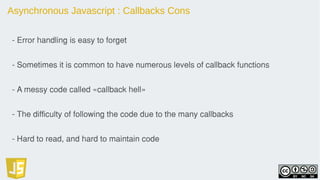 Asynchronous Javascript : Callbacks Cons
- Error handling is easy to forget
- Sometimes it is common to have numerous levels of callback functions
- A messy code called «callback hell»
- The difficulty of following the code due to the many callbacks
- Hard to read, and hard to maintain code
 