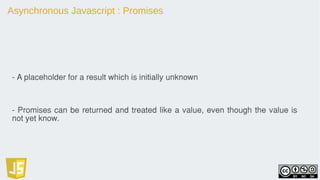 Asynchronous Javascript : Promises
- A placeholder for a result which is initially unknown
- Promises can be returned and treated like a value, even though the value is
not yet know.
 