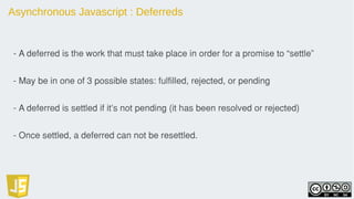 Asynchronous Javascript : Deferreds
- A deferred is the work that must take place in order for a promise to “settle”
- May be in one of 3 possible states: fulfilled, rejected, or pending
- A deferred is settled if it’s not pending (it has been resolved or rejected)
- Once settled, a deferred can not be resettled.
 