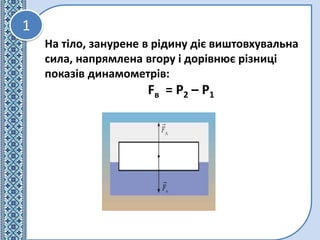 1
На тіло, занурене в рідину діє виштовхувальна
сила, напрямлена вгору і дорівнює різниці
показів динамометрів:
Fв = P2 – ...