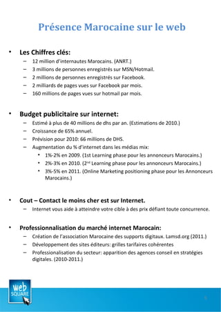 Présence Marocaine sur le web Les Chiffres clés: 12 million d’internautes Marocains. (ANRT.) 3 millions de personnes enregistrés sur MSN/Hotmail. 2 millions de personnes enregistrés sur Facebook. 2 milliards de pages vues sur Facebook par mois. 160 millions de pages vues sur hotmail par mois. Budget publicitaire sur internet: Estimé à plus de 40 millions de dhs par an. (Estimations de 2010.) Croissance de 65% annuel. Prévision pour 2010: 66 millions de DHS. Augmentation du % d’internet dans les médias mix: 1%-2% en 2009. (1st Learning phase pour les annonceurs Marocains.) 2%-3% en 2010. (2 nd  Learning phase pour les annonceurs Marocains.) 3%-5% en 2011. (Online Marketing positioning phase pour les Annonceurs Marocains.) Cout – Contact le moins cher est sur Internet. Internet vous aide à atteindre votre cible à des prix défiant toute concurrence. Professionnalisation du marché internet Marocain: Création de l’association Marocaine des supports digitaux. Lamsd.org (2011.) Développement des sites éditeurs: grilles tarifaires cohérentes Professionalisation du secteur: apparition des agences conseil en stratégies digitales. (2010-2011.) 