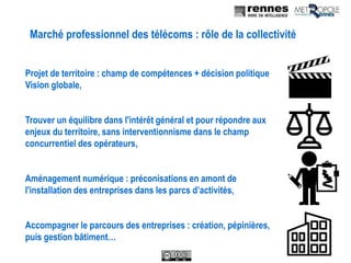Marché professionnel des télécoms : rôle de la collectivité
Projet de territoire : champ de compétences + décision politique
Vision globale,
Trouver un équilibre dans l'intérêt général et pour répondre aux
enjeux du territoire, sans interventionnisme dans le champ
concurrentiel des opérateurs,
Aménagement numérique : préconisations en amont de
l'installation des entreprises dans les parcs d’activités,
Accompagner le parcours des entreprises : création, pépinières,
puis gestion bâtiment…
 