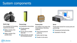 An accurate positioning can be achieved by plugging in an extra RF module to the preinstalled slot in access
points.
Thus, the accuracy of personnel, vehicle and other monitored objects positioning can amount to several
dozen centimeters.
Modules: accurate and precise positioning
Functional state of a worker, register cases of mandown or loop of consciousness;
Data received from third-party sensors on environmental status (for example, gas
sensors).
The same RF module can gather and transfer data on:
12
 