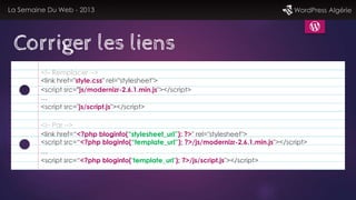 La Semaine Du Web - 2013 WordPress Algérie
Corriger les liens
<!– Remplacer -->
<link href="style.css" rel="stylesheet">
<...