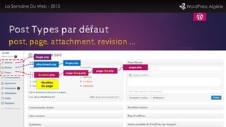 La Semaine Du Web - 2013 WordPress Algérie
Post Types par défaut
post, page, attachment, revision ...
Single.php
Single.ph...