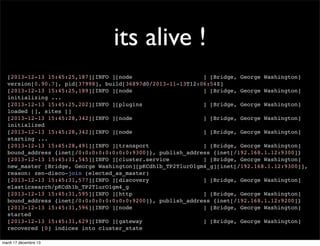 its alive ! [2013-12-13 15:45:25,187][INFO ][node ] [Bridge, George Washington] version[0.90.7], pid[37998], build[36897d0/2013-11-13T12:06:54Z] [2013-12-13 15:45:25,189][INFO ][node ] [Bridge, George Washington] initializing ... [2013-12-13 15:45:25,202][INFO ][plugins ] [Bridge, George Washington] loaded [], sites [] [2013-12-13 15:45:28,342][INFO ][node ] [Bridge, George Washington] initialized [2013-12-13 15:45:28,342][INFO ][node ] [Bridge, George Washington] starting ... [2013-12-13 15:45:28,491][INFO ][transport ] [Bridge, George Washington] bound_address {inet[/0:0:0:0:0:0:0:0:9300]}, publish_address {inet[/192.168.1.12:9300]} [2013-12-13 15:45:31,545][INFO ][cluster.service ] [Bridge, George Washington] new_master [Bridge, George Washington][pKCdh1b_TP2TlurO1gm4_g][inet[/192.168.1.12:9300]], reason: zen-disco-join (elected_as_master) [2013-12-13 15:45:31,577][INFO ][discovery ] [Bridge, George Washington] elasticsearch/pKCdh1b_TP2TlurO1gm4_g [2013-12-13 15:45:31,595][INFO ][http ] [Bridge, George Washington] bound_address {inet[/0:0:0:0:0:0:0:0:9200]}, publish_address {inet[/192.168.1.12:9200]} [2013-12-13 15:45:31,596][INFO ][node ] [Bridge, George Washington] started [2013-12-13 15:45:31,629][INFO ][gateway ] [Bridge, George Washington] recovered [0] indices into cluster_state mardi 17 décembre 13 