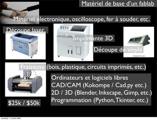 Matériel de base d’un fablab

               Matériel électronique, oscilloscope, fer à souder, etc.
      Découpe laser
                                            Imprimante 3D
                                                     Découpe de vinyle

                       Fraiseuse (bois, plastique, circuits imprimés, etc.)
                                   Ordinateurs et logiciels libres
                                   CAD/CAM (Kokompe / Cad.py etc.)
                                   2D / 3D (Blender, Inkscape, Gimp, etc.)
        $25k / $50k                Programmation (Python, Tkinter, etc.)

vendredi 17 juillet 2009
 
