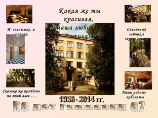 И солнышко, и
шарики

Сколько же пройдено
по этой алее . . .

Какая же ты
красивая,
наша любимая
школа!

Солнечный
зайчик в
окне у коллег.

Наши родные
кабинеты

 