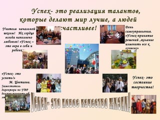 Успех- это реализация талантов,
которые делают мир лучше, а людей
День
начальной
счастливее!
самоуправления.

Учителя
школы! Их сердце
всегда наполнено
любовью! «Успех –
это вера в себя и
ребенка»

«Успех- это
успеть!»
М. Цветаева.
Заместитель
директора по УВР
должен помнить об
этом всегда!

«Успех-принятие
решений ,желание
изменить все к
лучшему»

Успех- это
состояние
творчества!

 
