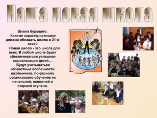 Школа будущего.
Какими характеристиками
должна обладать школа в 21-м
веке?
Новая школа - это школа для
всех. В любой школе будет
обеспечиваться успешная
социализация детей…
Будут учитываться
возрастные особенности
школьников, по-разному
организовано обучение на
начальной, основной и
старшей ступени.
ь.

 
