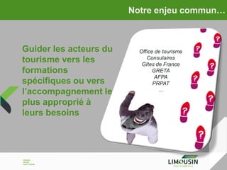 Notre enjeu commun…

Guider les acteurs du
tourisme vers les
formations
spécifiques ou vers
l’accompagnement le
plus approprié à
leurs besoins

Office de tourisme
Consulaires
Gîtes de France
GRETA
AFPA
PRPAT
…

 