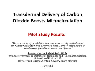 Transdermal Delivery of Carbon
Dioxide Boosts Microcirculation
Pilot Study Results
"There are a lot of possibilities here and we are really excited about
conducting future studies to determine what D`OXYVA may be able to
provide to people with microvascular disease."
Presentation by Judy M. Delp, Ph.D.
Associate Professor, Department of Physiology and Functional Genomics,
University of Florida, USA
InvisiDerm D`OXYVA Scientific Advisory Board Member
July 2013
 