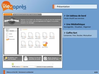 Présentation


       Un tableau de bord
      Accès intuitif aux services


       Une Médiathèque
      Sauvegarder, Visualiser, Organiser


       Coffre-fort
      Conserver, Trier, Stocker, Mutualiser




                                              6/24
 