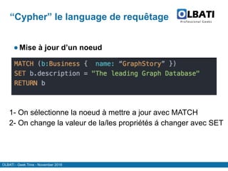 OLBATI - Geek Time - November 2016
“Cypher” le language de requêtage
●Mise à jour d’un noeud
1- On sélectionne la noeud à mettre a jour avec MATCH
2- On change la valeur de la/les propriétés á changer avec SET
 