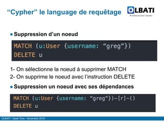 OLBATI - Geek Time - November 2016
“Cypher” le language de requêtage
●Suppression d’un noeud
1- On sélectionne la noeud à supprimer MATCH
2- On supprime le noeud avec l’instruction DELETE
●Suppression un noeud avec ses dépendances
 