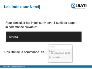 OLBATI - Geek Time - November 2016
Les index sur Neo4j
Pour consulter les Index sur Neo4j, il suffit de tapper
la commande suivante:
Résultat de la commande =>
 