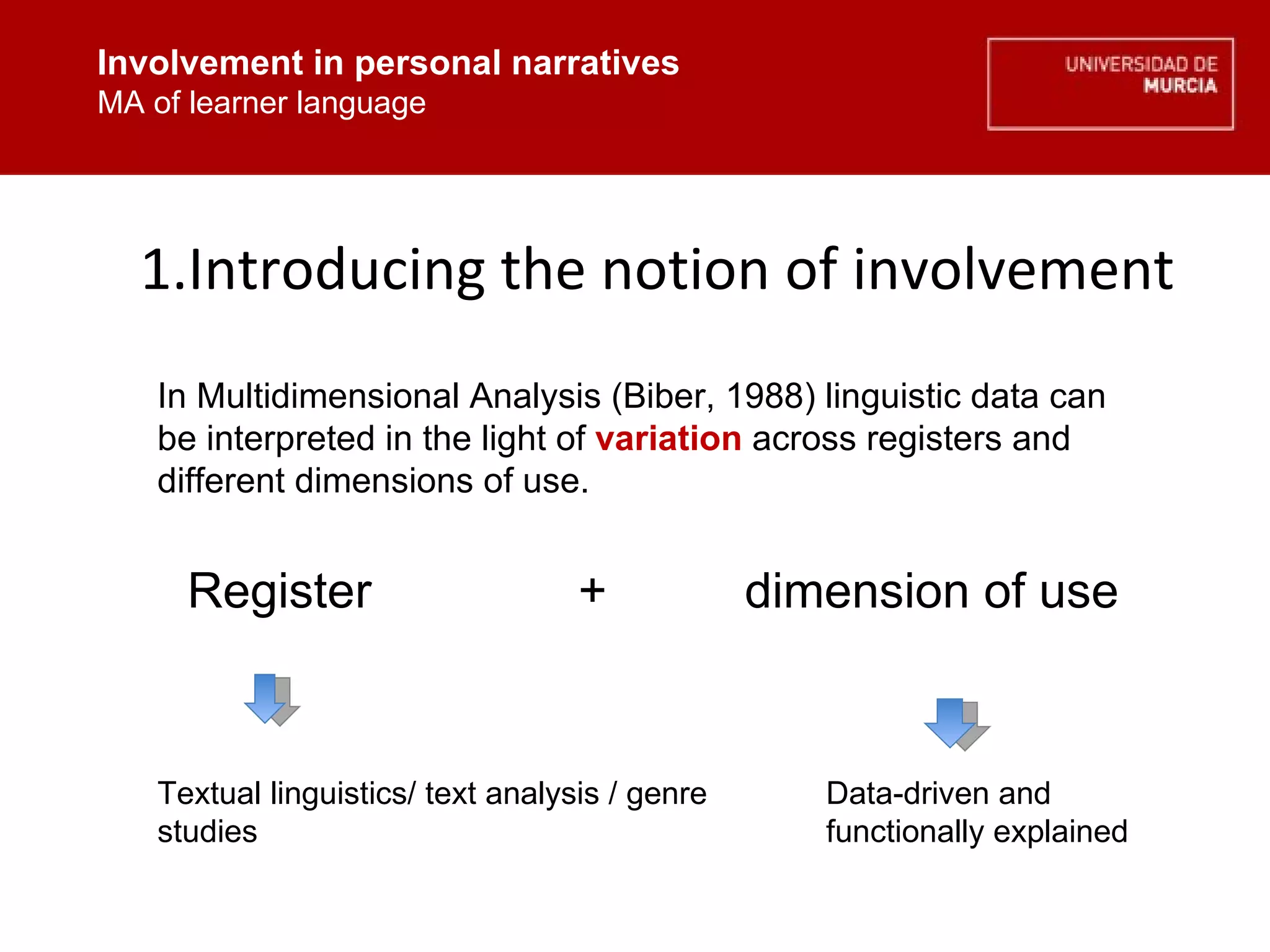Involvement in personal narratives MA of learner language Introducing the notion of involvement Involvement in personal narratives MA of learner language In Multidimensional Analysis (Biber, 1988)  linguistic data can be interpreted in the light of  variation  across registers and different dimensions of use. Register  +  dimension of use Textual linguistics/ text analysis / genre studies Data-driven and functionally explained 