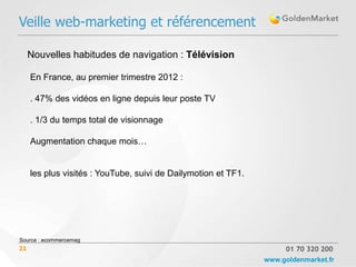 Veille web-marketing et référencement

     Nouvelles habitudes de navigation : Télévision

     En France, au premier trimestre 2012 :

     . 47% des vidéos en ligne depuis leur poste TV

     . 1/3 du temps total de visionnage

     Augmentation chaque mois…


     les plus visités : YouTube, suivi de Dailymotion et TF1.




Source : ecommercemag
21                                                                   01 70 320 200
                                                                www.goldenmarket.fr
 