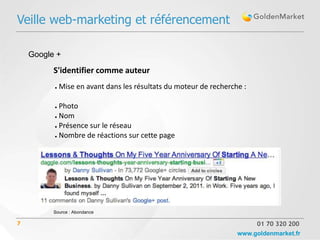 Veille web-marketing et référencement

    Google +

          S'identifier comme auteur
          ●   Mise en avant dans les résultats du moteur de recherche :

          ● Photo
          ● Nom

          ● Présence sur le réseau

          ● Nombre de réactions sur cette page




          Source : Abondance

7                                                                         01 70 320 200
                                                                    www.goldenmarket.fr
 