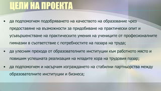 ЦЕЛИ НА ПРОЕКТА
•   да подпомогнем подобряването на качеството на образование чрез
    предоставяне на възможности за придобиване на практически опит и
    усъвършенстване на практическите умения на учениците от професионалните
    гимназии в съответствие с потребностите на пазара на труда;

•   да улесним прехода от образователните институции към работното място и
    повишим успешната реализация на младите хора на трудовия пазар;

•   да подпомогнем и насърчим изграждането на стабилни партньорства между
    образователните институции и бизнеса;
 