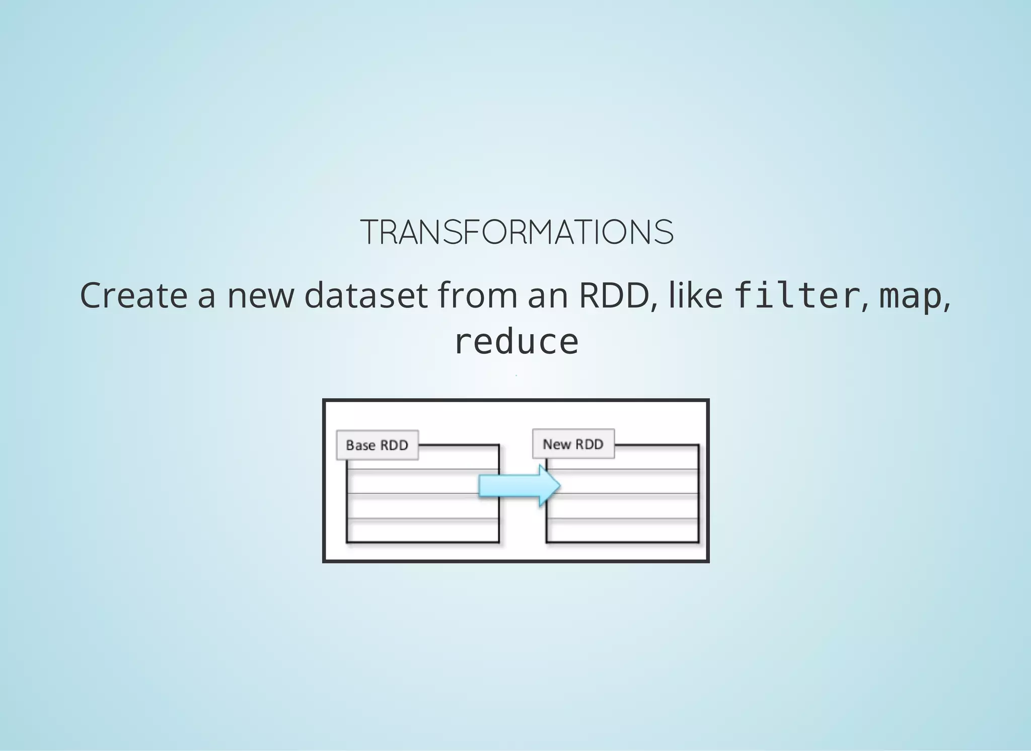 TRANSFORMATIONS Create a new dataset from an RDD, like filter, map, reduce 
