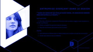ENTREPRISE EXERÇANT DANS LE DESIGN
“ DANS UN DOMAINE QUI ÉVOLUE SANS CESSE, J’AI BESOIN DE GARDER
MES EMPLOYÉS À LA POINTE. ”
MOTIVATIONS
◯◯ Être tenu informé et comprendre l’évolution des nouveaux usages et des nouveaux ou-
tils de la profession
◯◯ Rester compétitif et pertinent dans le domaine
◯◯ Recruter les bonnes personnes au bon moment
PEURS
◯◯ Que l’entreprise n’évolue pas en même temps que le secteur et que les concurrents
◯◯ Perdre des clients et de la crédibilité
Recherches utilisateurs
 